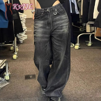 Vintage Black Barrel Jeans Wide Leg Pants Woman & Men High Waisted Loose Baggy Jeans Female Streetwear Y2K Pants Trousers