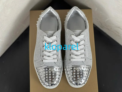 Luxury women's and men's low cut silver sequin rivets high-quality casual flat shoes