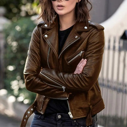 Female Moto Biker Jackets Thin Ladies Cool Faux Leather Jacket