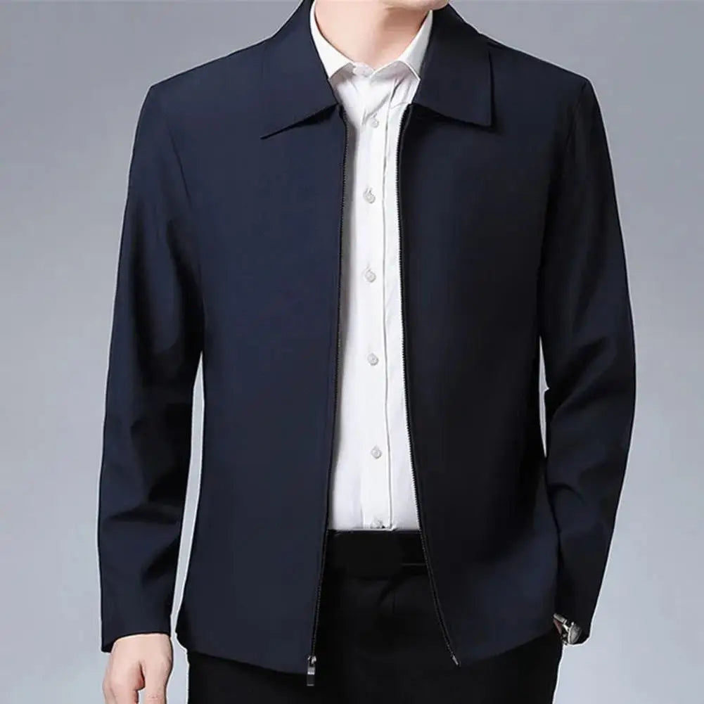 Zipper Pockets Men Jacket Elegant Mid-aged Men's Lapel Jacket Stylish Zipper Closure Straight Fit Soft for Formal