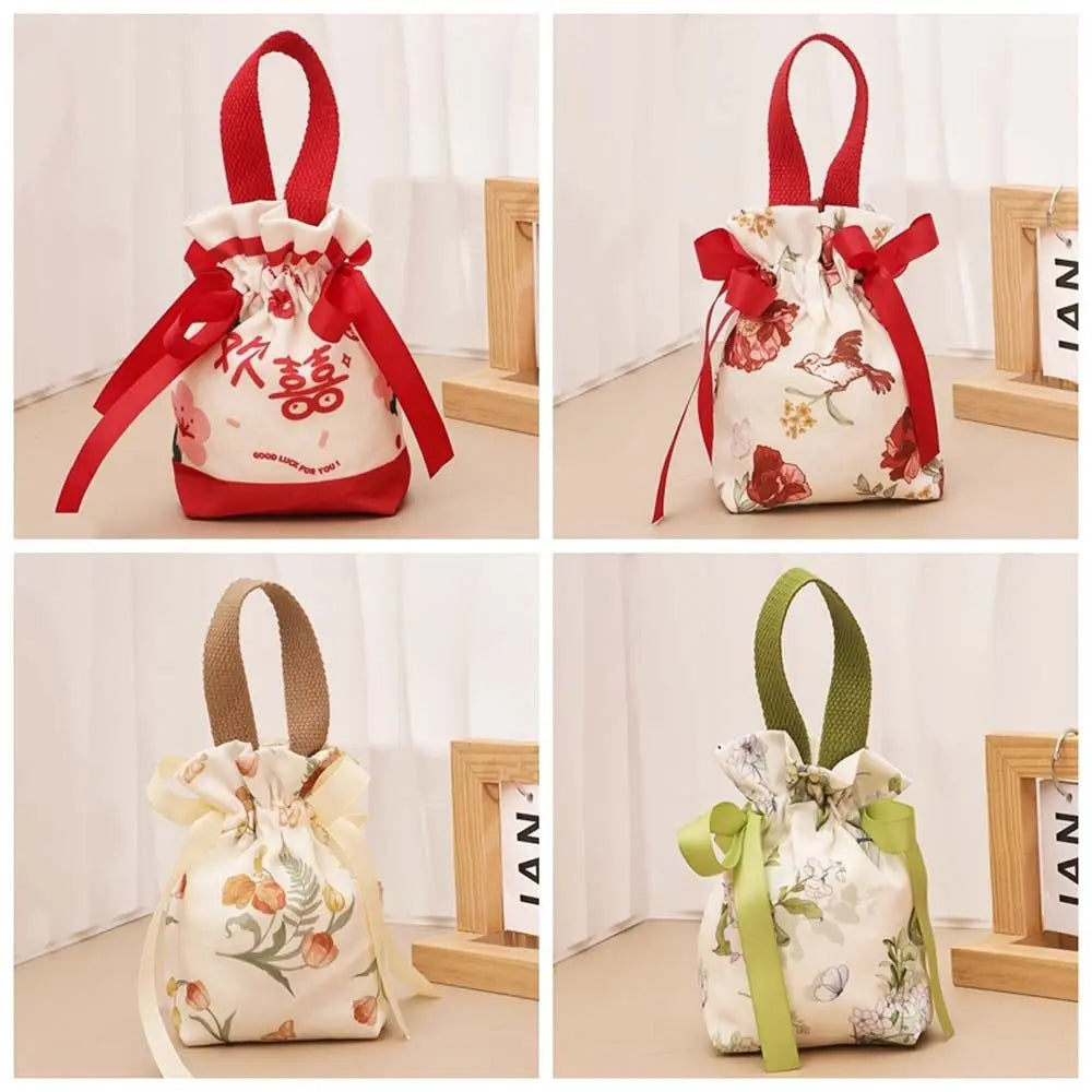 Bird Canvas Drawstring Bag Floral Large Capacity Small Flower Wrist Bag Korean Style Coin Purse Wallet Festive Sugar Bag