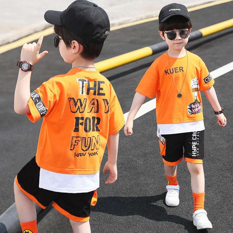 2pcs 2024 hip hop Children Summer Boys print Clothes Set T shirt + Pants Casual Sports Kid Tracksuit Teen 4 6 8 to 9 10 12 Years