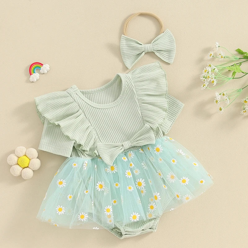 Baby Clothing Girl 2 Piece Outfits Daisy Print Ribbed Short Sleeve Mesh Romper Dress with Cute Headband Set Summer Clothes