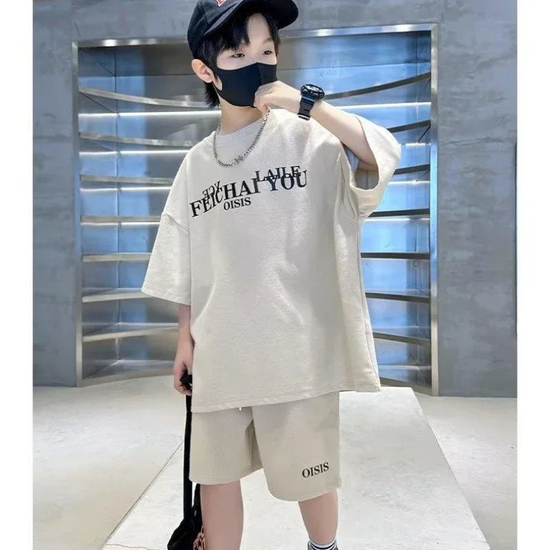 9-12Y Children Boy Summer Clothes Fashion Short Sleeve Letter Tshirt Top and Short Bottom 2pcs Outfit Teenage Casual Tracksuit