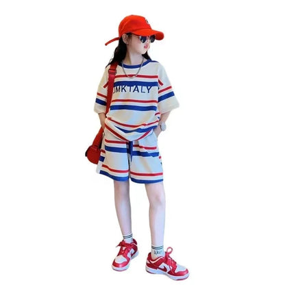 Children Clothing Girls Striped T-shirt Top + Sports Shorts Set, Loose Korean Style Casual Two-piece Set Loungewear Outfit