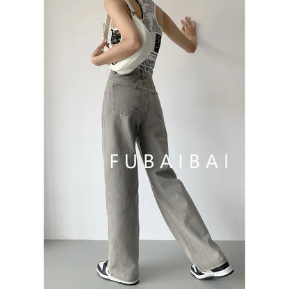 Grey Womens Jeans High Waist Vintage Straight Baggy Denim Pants Streetwear American Style Fashion Casual Wide Leg Denim Trouser