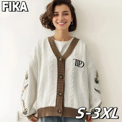 2024 Autumn Women Trend High Quality Loose Fitting Floral Embroidered Knitted Cardigan Y2k Regulai Fit Beige Cardigans Female