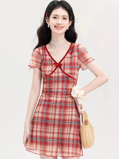 ADAgirl Vintage Red Plaid Women Dress with Bow Mesh Knitting Short Sleeve V-neck Sheath Dress Summer Slim Robe Cute Sweet Girl