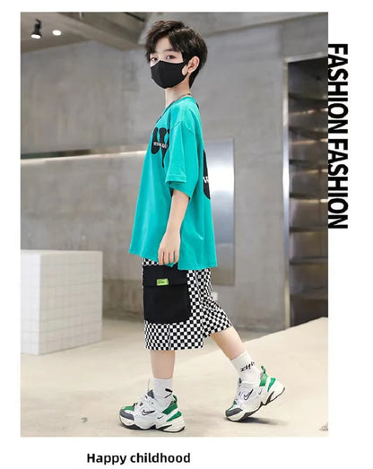 Summer Boys Cotton Alphabet Short-Sleeved T-Shirt Tops+Plaid Short Pant Suit School Kids Tracksuit Child 2PCS Outfit 3-14 Years