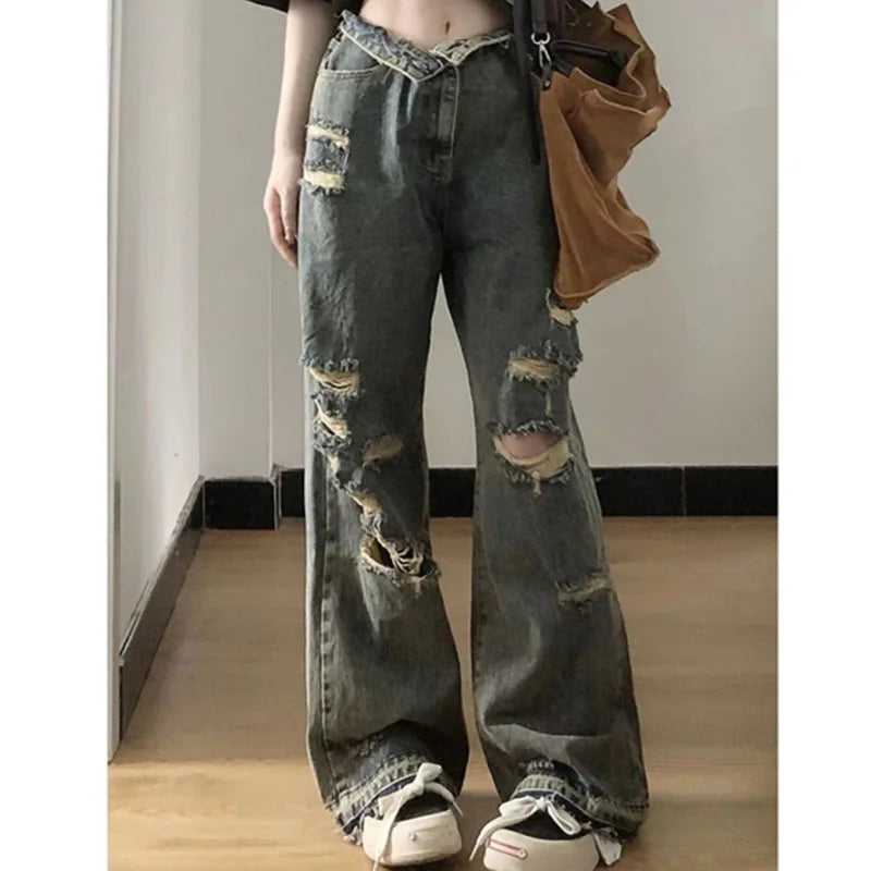 Hong Kong Style High Street China-Chic 2024 Summer New Spicy Girls Fashion Loose Wide Leg High Waist Casual Broken Jeans