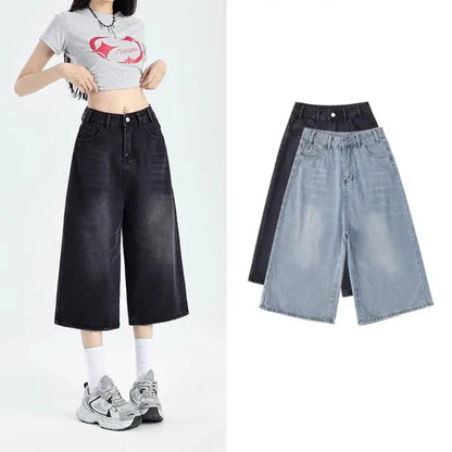 High-waisted Wide-leg Denim Shorts for Women Summer Baggy Mid-length Jeans Pants Solid Casual Y2k Clothing Streetwear Plus Size