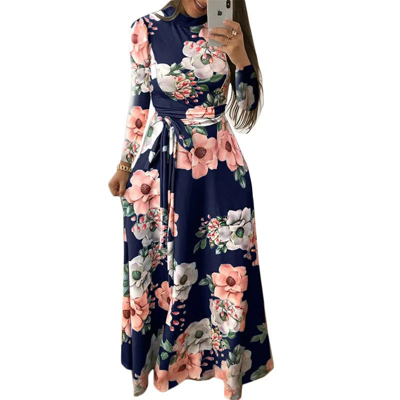 Women's Printed Maxi Dress Fashionable Long Sleeve