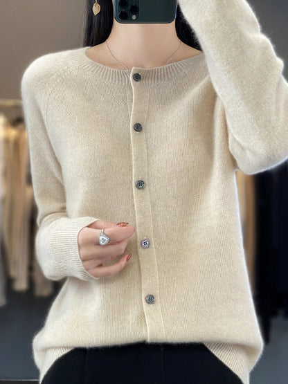 Fashion Women 100% Merino Wool Cardigans Cashmere Sweater Autumn Winter O-neck Long Sleeve Knitwear Female Basic Clothing Tops