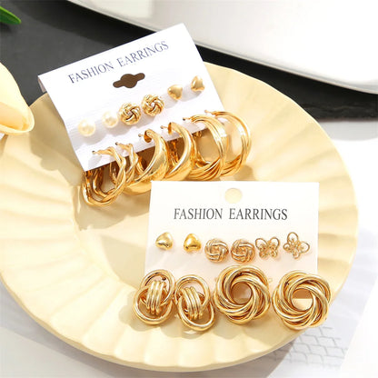 11 Pairs A Set Fashion Zinc Alloy Faux Pearl Rotation Geometry Decorative Earrings Womens Daily Decoration