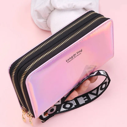 Women Wallets Double Zippers Lady Long Coin Purses Cards Holder Woman Handbags Billfold Wristlet Wallet Clutch Shiny Money Bags