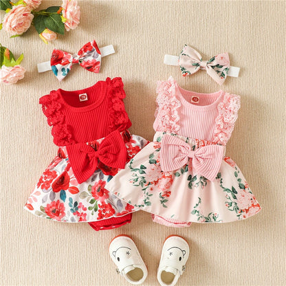 Infant Baby Girls Summer Jumpsuit Outfit Sets Flower Print Lace Sleeveless Round Neck Ruffled Bowknot Romper + Headband