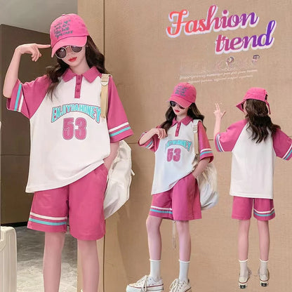 Summer Teenage Girls Clothes Set Children Girl Lapel Letter Tshirts and Shorts 2 Pieces Suit Kid Top Bottom Outfits Tracksuits