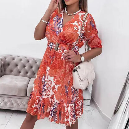 2024 V-neck Bohemian Ruffles Dress Elegant Pattern Printed Short Sleeve Office Dress Commute Spring Women Midi Dresses Ladies