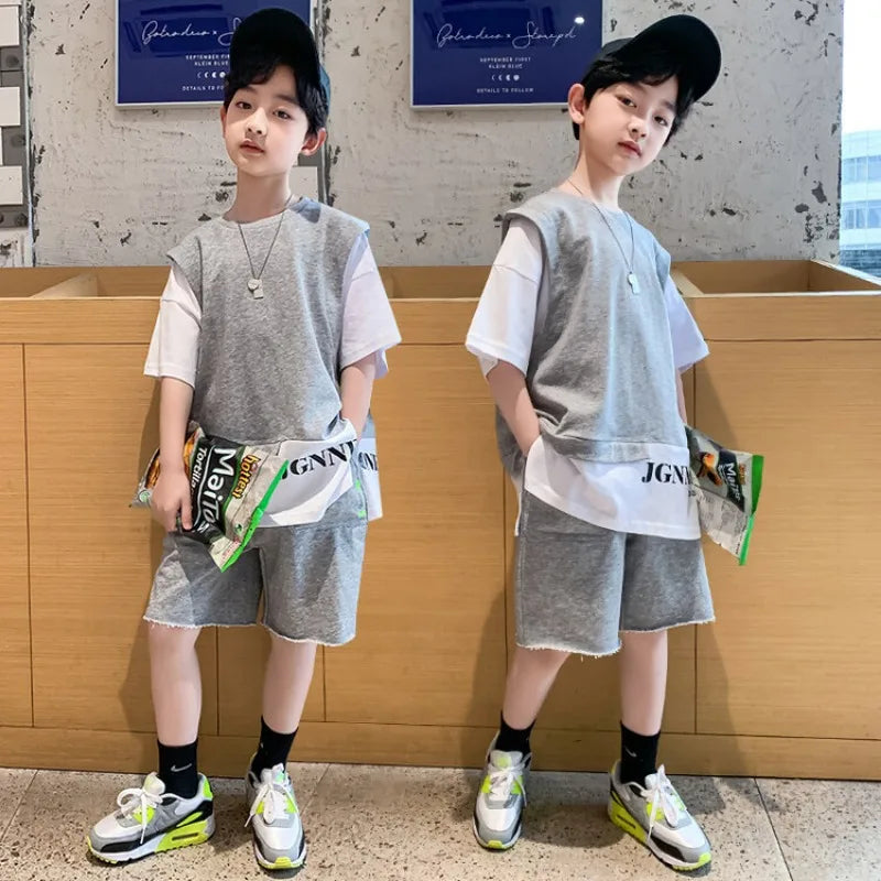 Kids Clothes Boy Contrast Sleeve Fake Two Pieces T-Shirt & Shorts 2 Pieces Set Teenage Summer Street Wear Letter Tracksuit