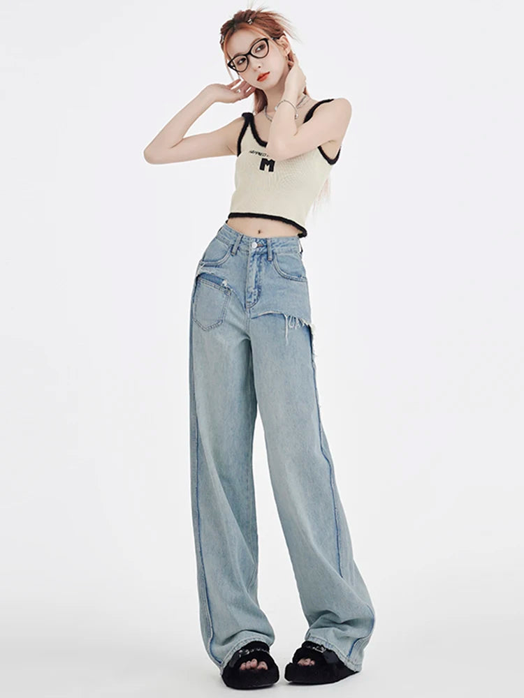 Splicing Design Wide Leg Jeans Women Korean Style Fashion Baggy Straight Trousers Streetwear Denim Pants