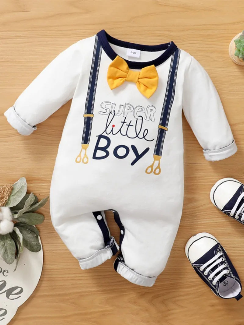 Newborn Baby Boy Romper Cute Bowtie Long Sleeve Bodysuit Spring and Autumn Clothing for Toddler Boy 0-18 Months