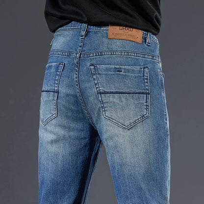 Luxury Jeans For Men Stretch Slim Fit Solid Blue Denim Pants