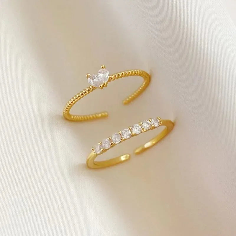 2024 New Gold Color Heart Zircon Rings Set for Women Girls Adjustable Minimalism Luxury Twist Ring Fashion Jewelry Wedding Gifts