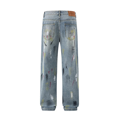 Y2K washed American style personalized printed jeans Real men's ripped trend high-end Korean straight wide-leg pants