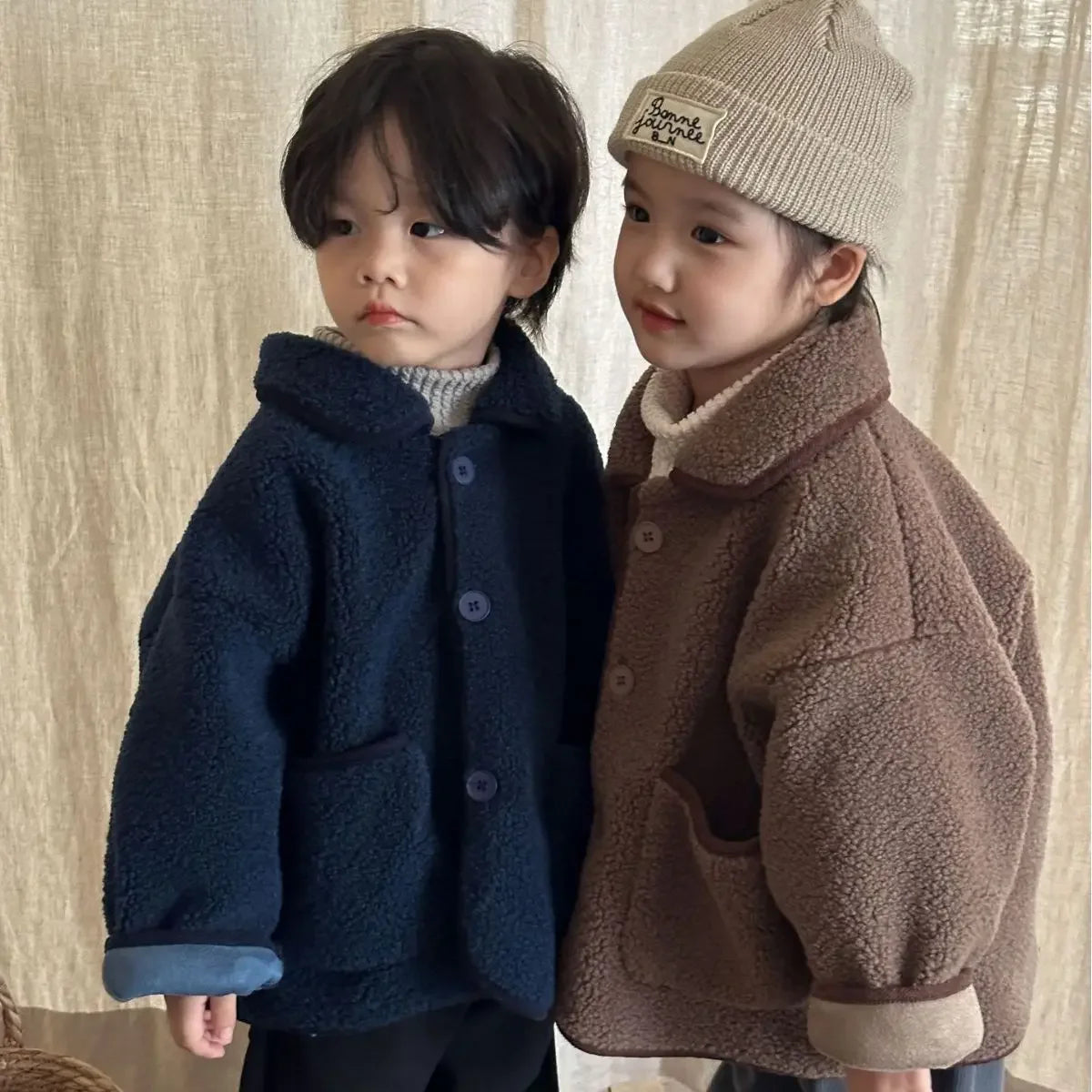 2024 Autumn Winter Baby Solid Plus Velvet Thicken Pockets Warm Jacket Kid Boy Simple Casual Tops Girl Children Loose Retro Coat