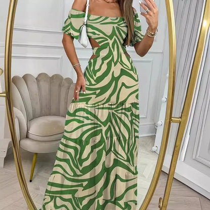 Summer European and American style women's printed one line collar, elastic waist, large hem long dress, vacation dress