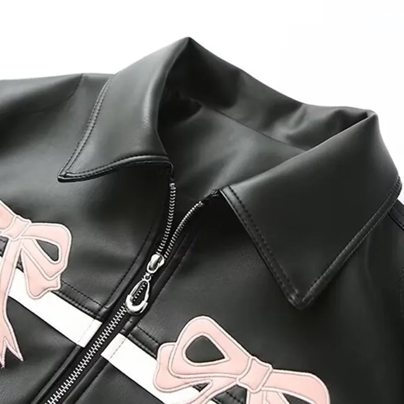 Women's Winter Jacket Women Vintage Faux Leather Coat Fashion Pu Lapel Collar Bow Zipper Overcoat Female Casual Tops Clothing