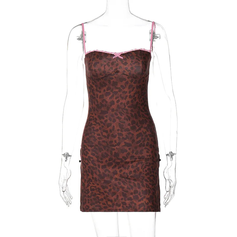 Lygens Leopard Print Sleeveless Slit Mini Short Dresses