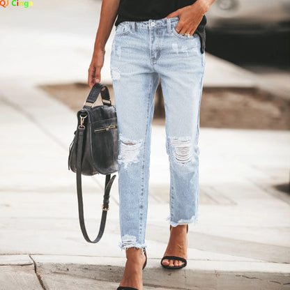 2023 Summer Ripped Jeans Women's Fashion Casual Trousers Blue and Black Girl Denim Pants