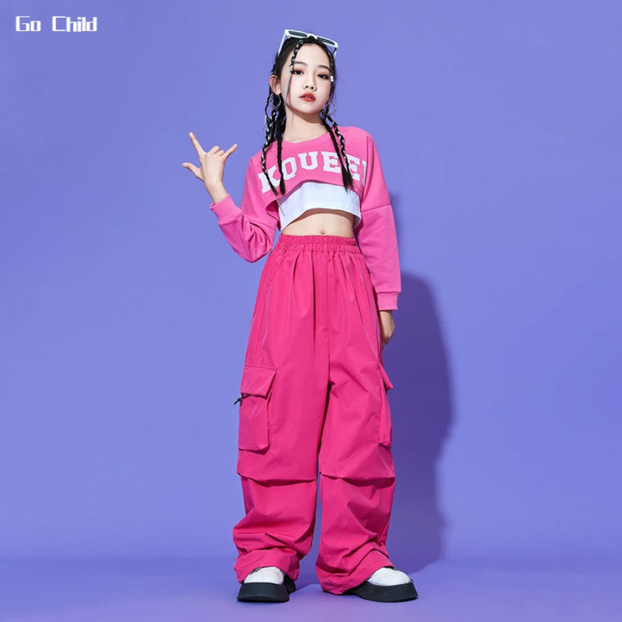 Hip Hop Girls Crop Tops Rose Cargo Pants Child Tank Top Streetwear Joggers Clothes Sets Kids Street Dance Jazz Stage Costumes