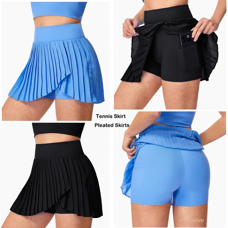 VITALINOVO Women's Pleated Tennis Skirt Golf Skorts for Woman High Waisted Lightweight Athletic Shorts Pockets Flowey Skater