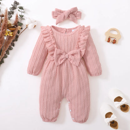 New Long Sleeve Rompers Baby Girls Spring & Autumn Jumpsuit Newborn Clothes Solid Ruffled Clothing with Headband Baby Clothing