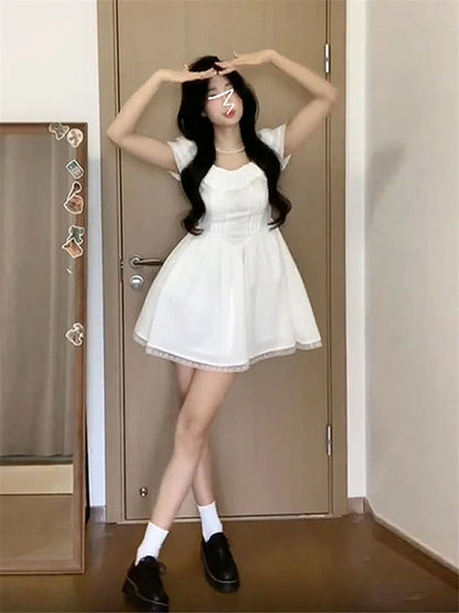 High Quality French Style White Dress Women's Summer 2024 New Collection Waist Princess Fluffy Short Dress Vestidos Streetwear