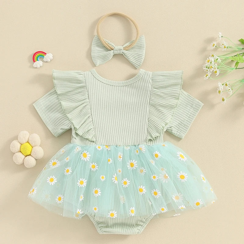 Baby Clothing Girl 2 Piece Outfits Daisy Print Ribbed Short Sleeve Mesh Romper Dress with Cute Headband Set Summer Clothes