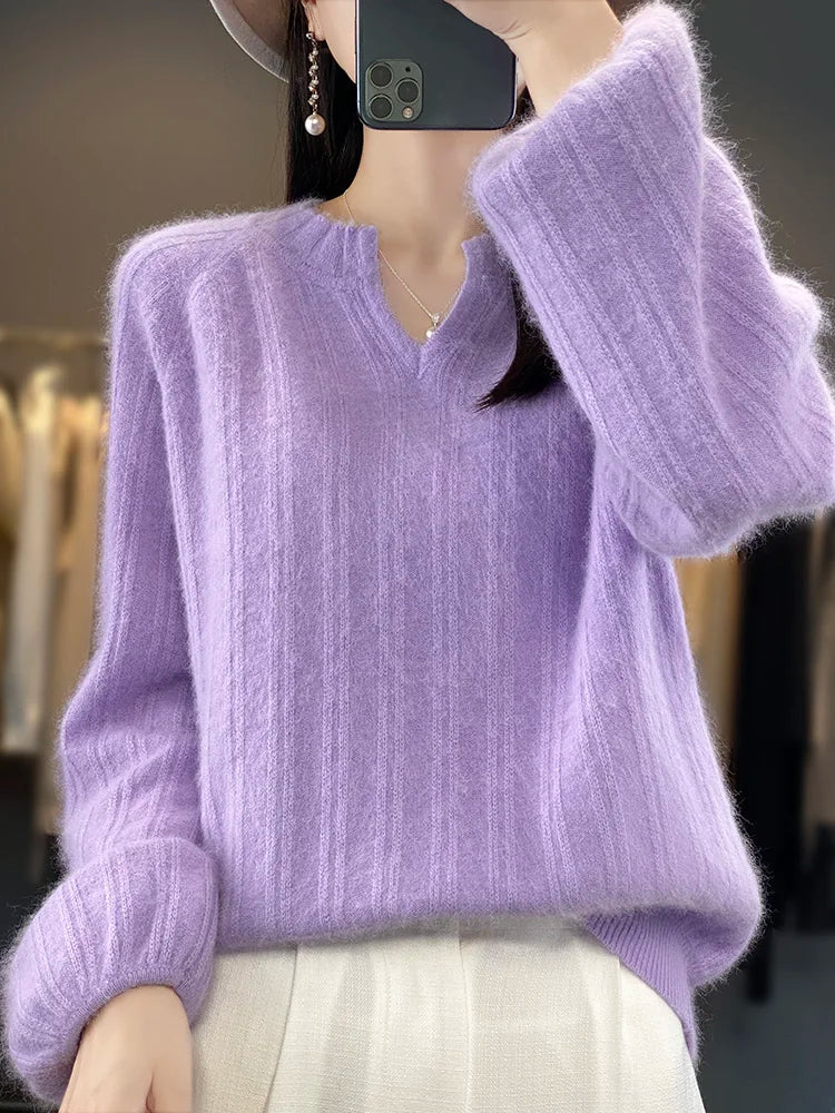 Women New 100% pure Mink Cashmere Sweater Fashion Loose Pullover Autumn Winter Warm Top Loose Puff Sleeve Knit Female Jacket