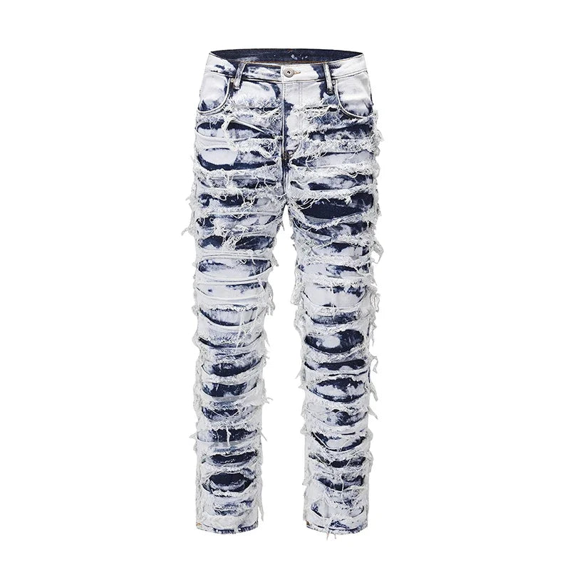 Aelfric Eden Harajuku Frayed Distressed Retro Tie Dye Jeans Pants Men Straight Ripped Hole Washed Baggy Casual Denim Trousers