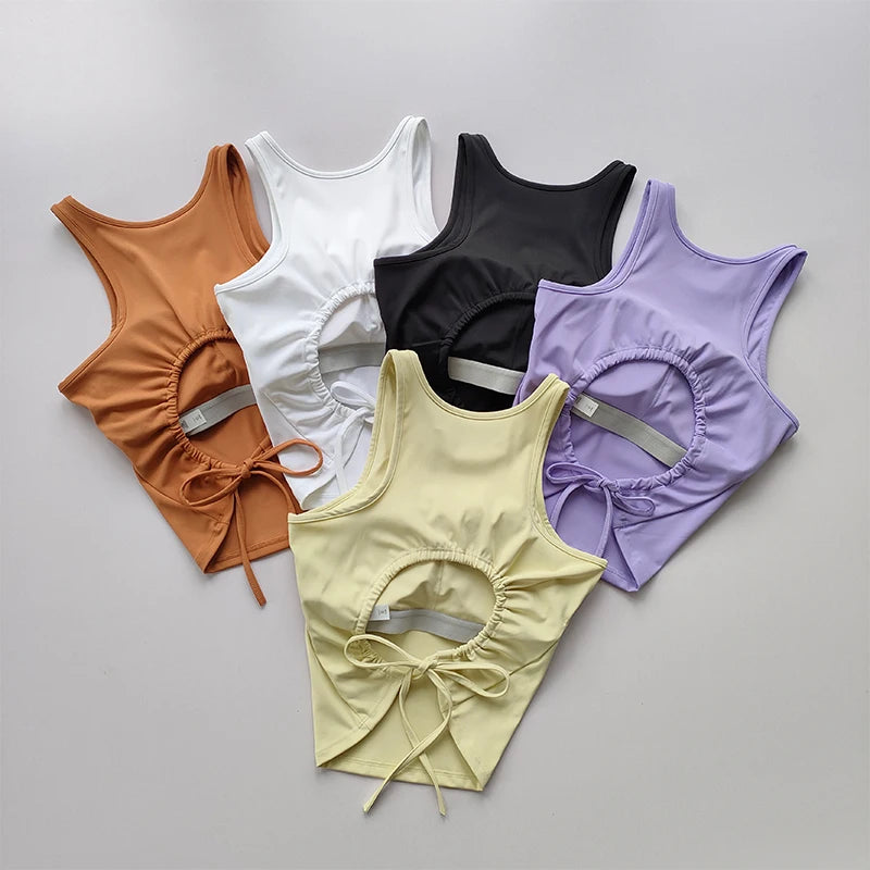 Hollow Strap with Chest Pad Yoga Suit Sports Vest Women's Quick Drying Gym Sleeveless Slimming Training Fitness Top Summer Wear