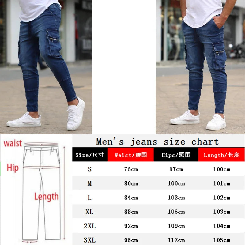 New Men's Slim Fit Stretch Jeans Casual Fashion Multi Pocket Denim Trousers