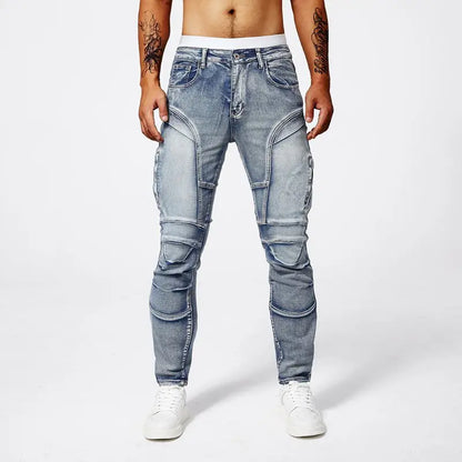 New style jeans for men fashion versatile washed straight fitting patchwork with elastic casual minimalist biker denim pants