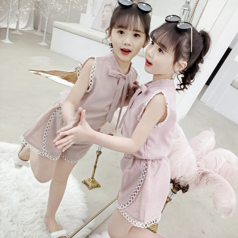 2024 Summer Clothes For kids Girls Cute Plaid Lace T Shirt + Shorts pants Teenager Outfits Casual 3 4 5 6 7 8 to 10 11 12 year