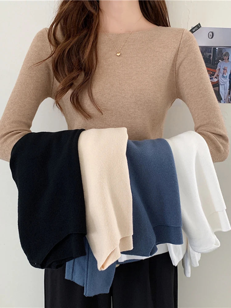 Winter Women Sweaters Slash Neck Slim Knitted