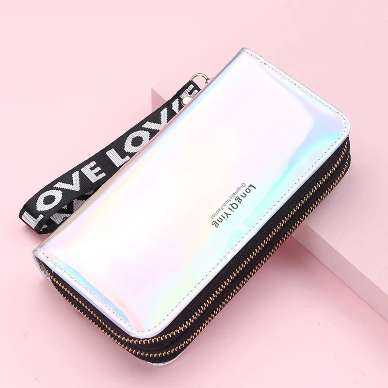 Women Wallets Double Zippers Lady Long Coin Purses Cards Holder Woman Handbags Billfold Wristlet Wallet Clutch Shiny Money Bags