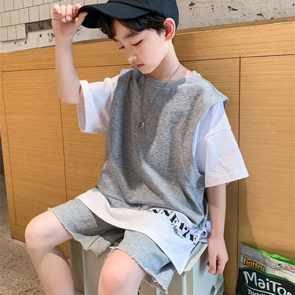 Kids Clothes Boy Contrast Sleeve Fake Two Pieces T-Shirt & Shorts 2 Pieces Set Teenage Summer Street Wear Letter Tracksuit