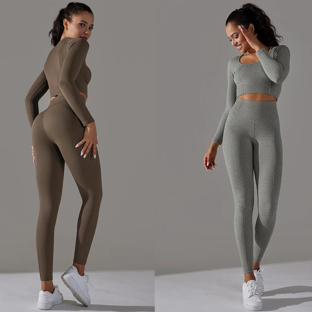 Vnazvnasi Seamless Women's Sports Set Long Sleeve Yoga Suit for Fitness Push Up Tights Sportswear Workout Clothes Outfit 2 Pcs