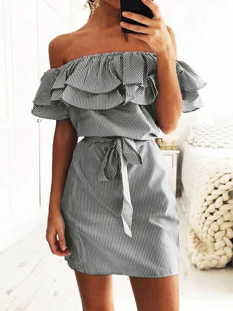 Women Summer Vestidos Striped Printed Slash Neck Elegant Off Shoulder Dresses Casual Wrap Lady Butterfly Sleeve