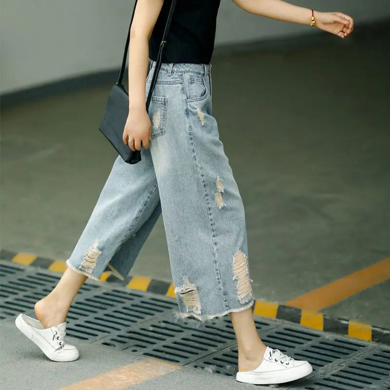 Quarter Summer Thin High Waist Loose Wide Leg Pants Women's Broken Hole Made Old Blue Vintage Casual Pants